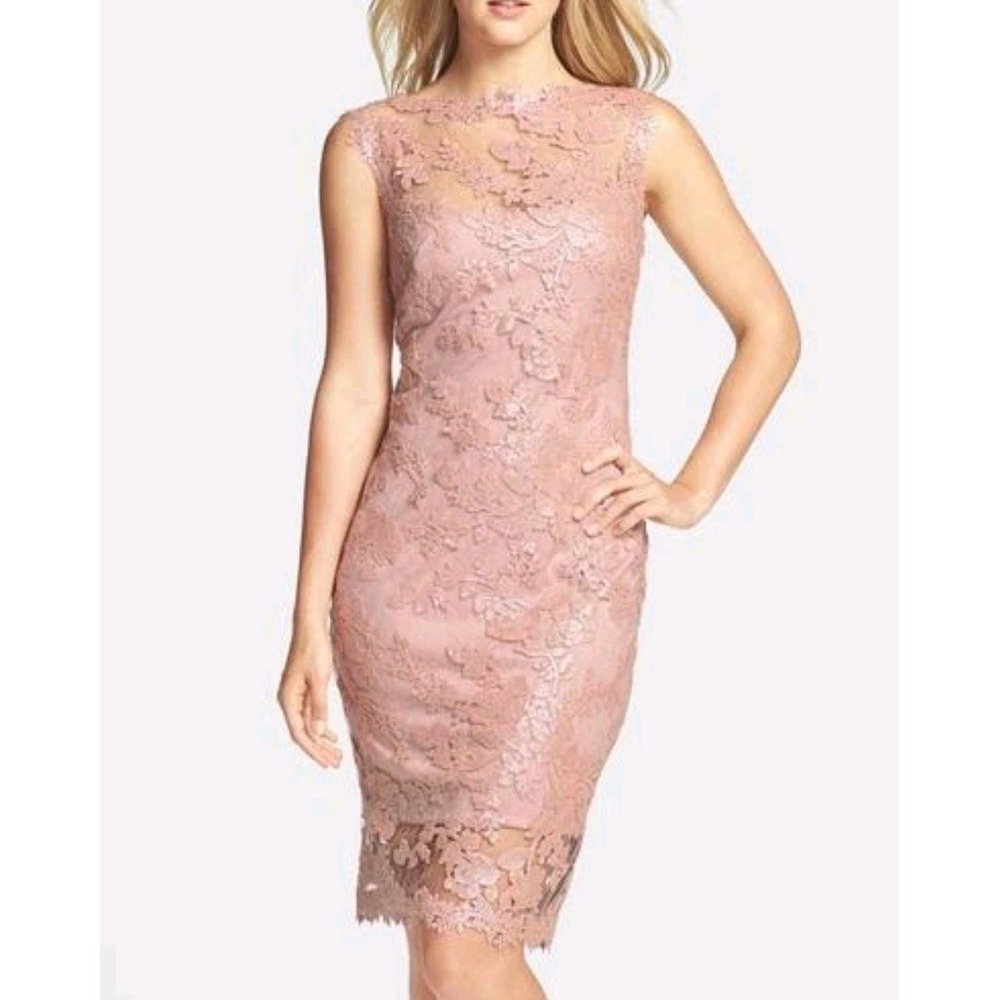 Tadashi Shoji Sequin Illusion Lace Sheath Dress‎ Blush Pink 6P Petite Cocktail